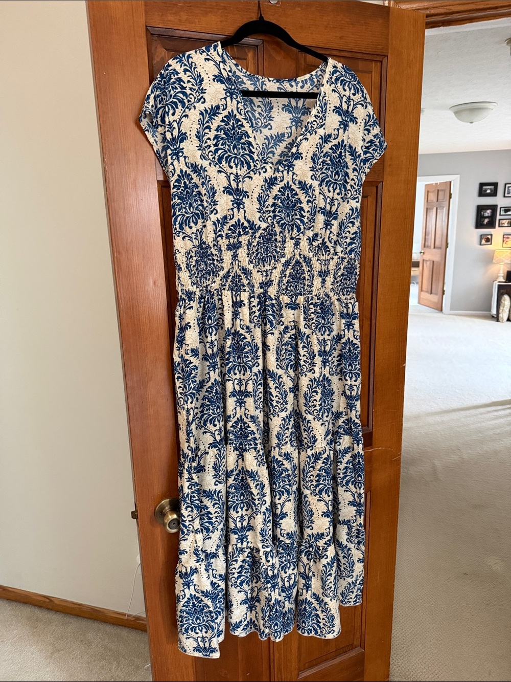 Blue & Cream Printed Short-Sleeve Midi Dress